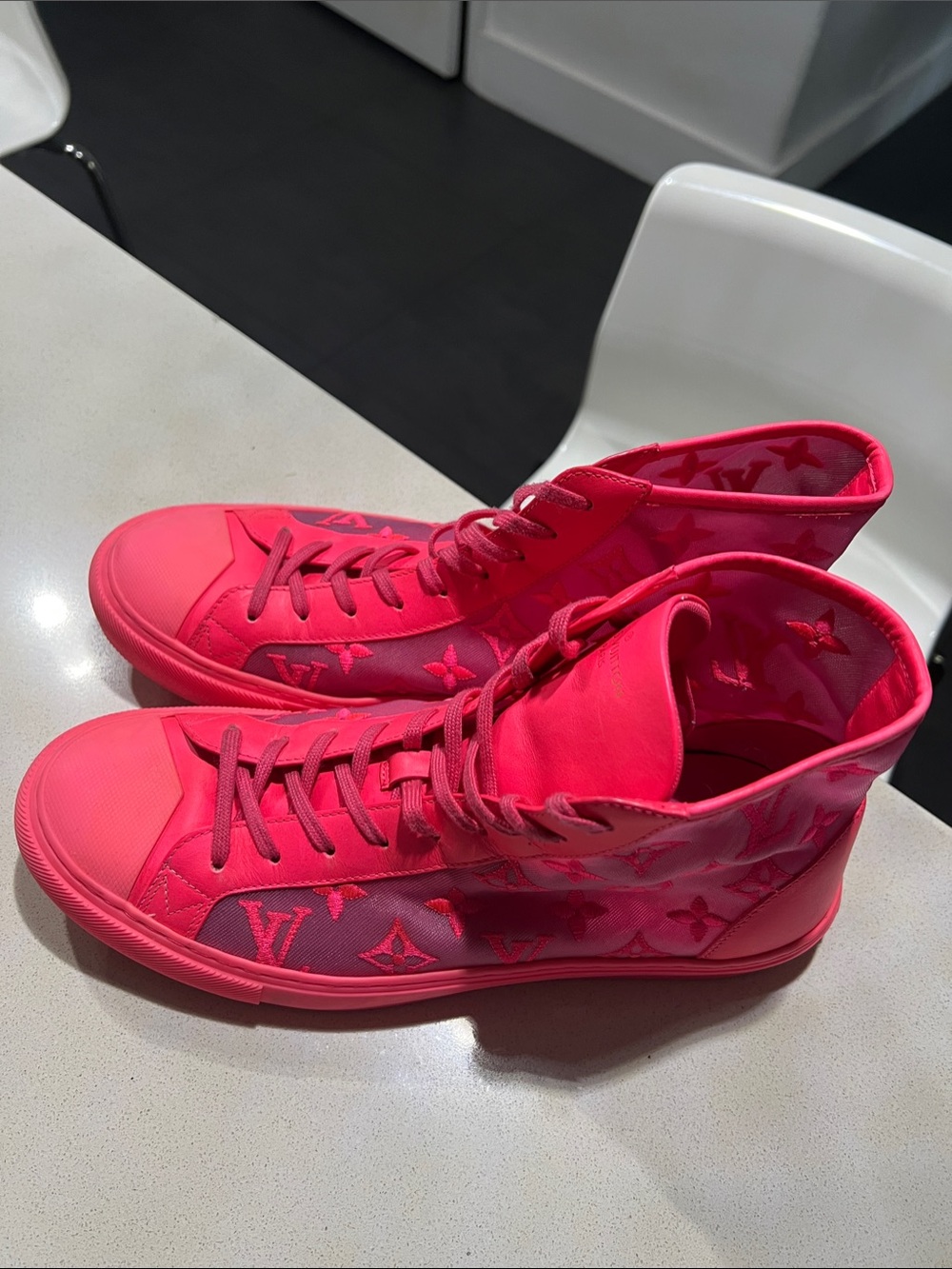 Louis Vuitton Neon Pink Monogram High-Top Sneakers